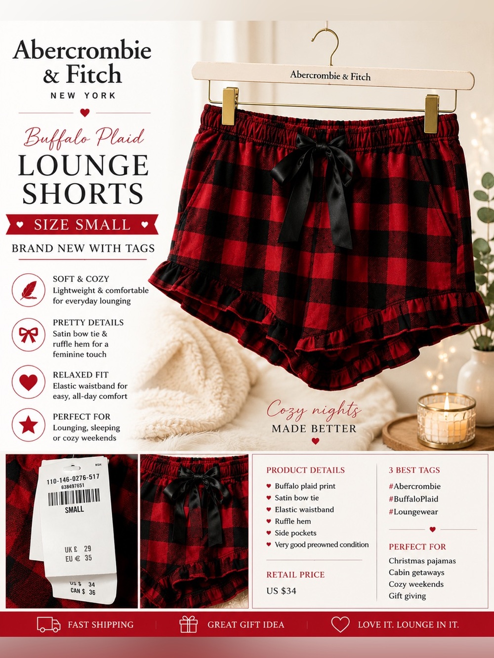 Abercrombie & Fitch Buffalo Plaid Ruffle Lounge Shorts BNWT Size Small